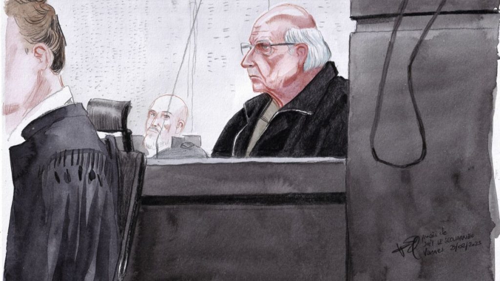 This courtroom sketch shows Joel Le Scouarnec sitting in courtroom and accused of raping or abusing 299 people, mostly child patients, at the Vannes courthouse, Feb. 24, 2025
