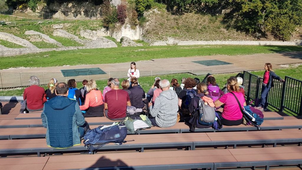 Volunteer Sara gives a tour of Trebula Mutuesca’s amphitheatre, Italy
