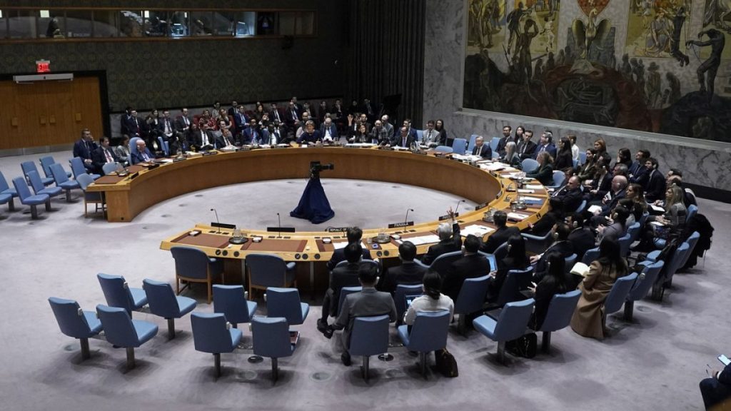 The UN Security Council votes, Monday, Feb. 24, 2025, at the United Nations headquarters. (AP Photo/Richard Drew)