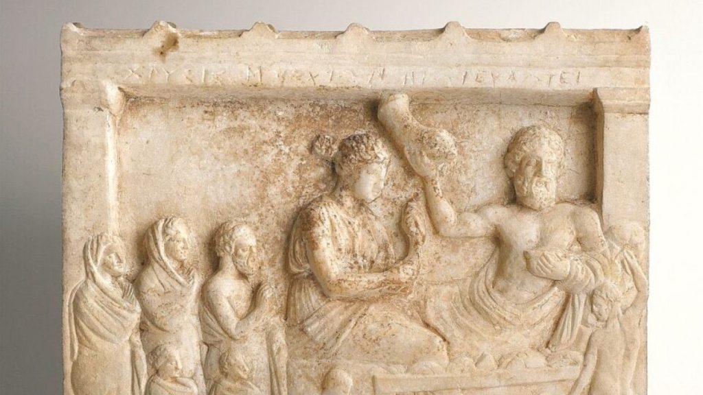 The Grave Relief, from the late 4th to early 3rd century BCE, portrays a deceased person surrounded by their family at an extravagant banquet.