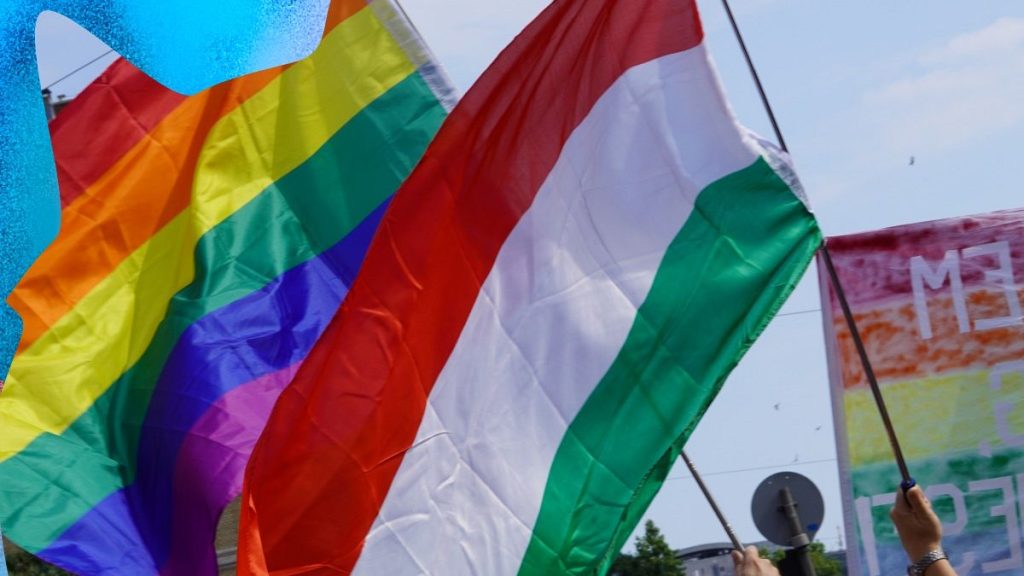 Hungarian and rainbow flags side by side at the opening of Pride events in 2008