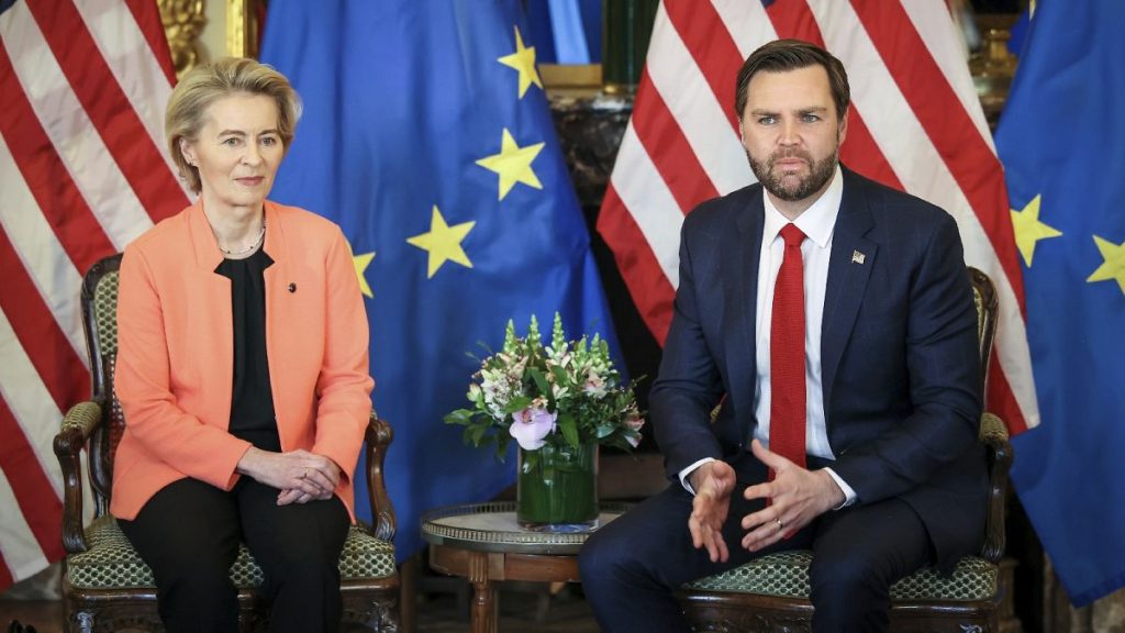 United States Vice-President JD Vance, right, meets with European Commission President Ursula von der Leyen, in Paris on Feb. 11, 2025.