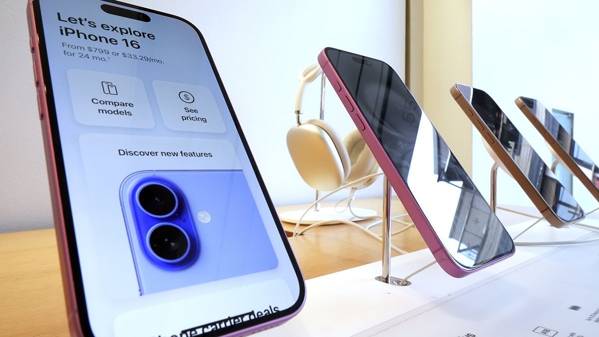 This is a display of iPhone 16s in an Apple Store in Pittsburgh on Jan. 12, 2025
