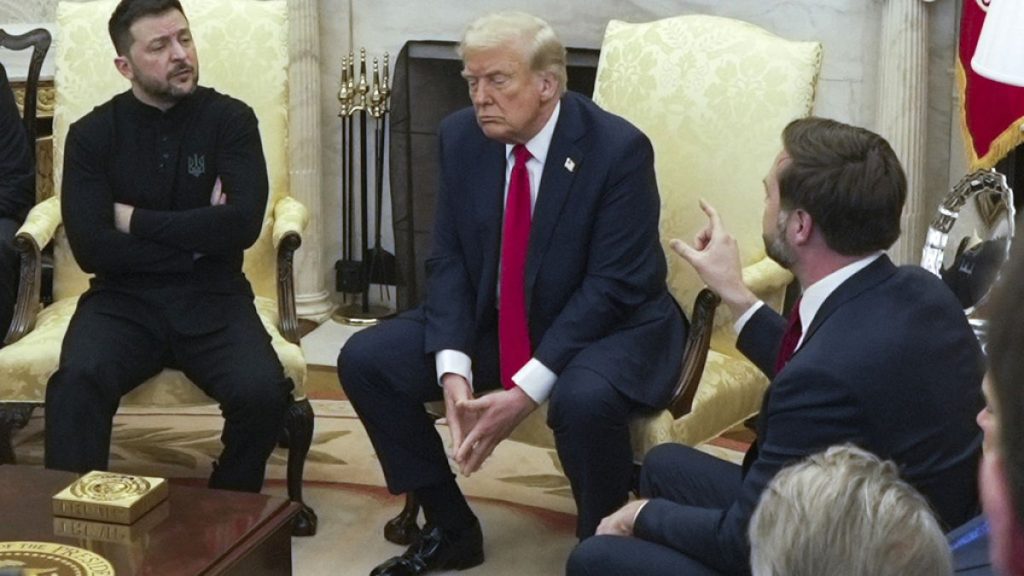 Vice President JD Vance, right, speaks with Ukrainian President Volodymyr Zelenskyy, left, as President Donald Trump listens in the Oval Office at the White House, Feb 28 2025