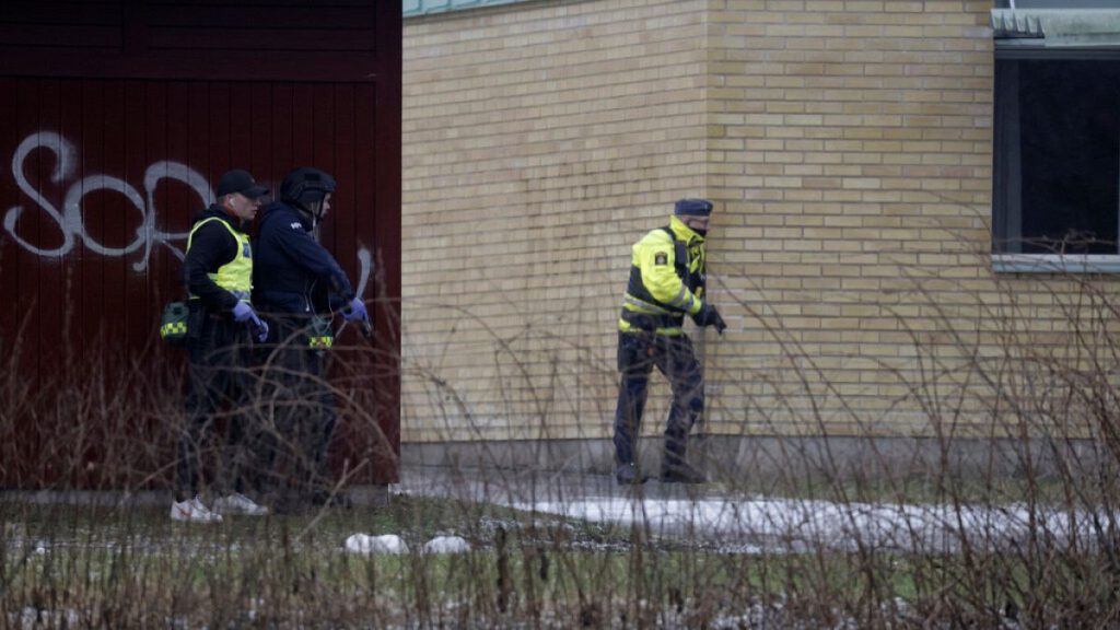 Police at the scene of an incident at Risbergska School, in Örebro, Sweden, Tuesday, Feb. 4, 2025.