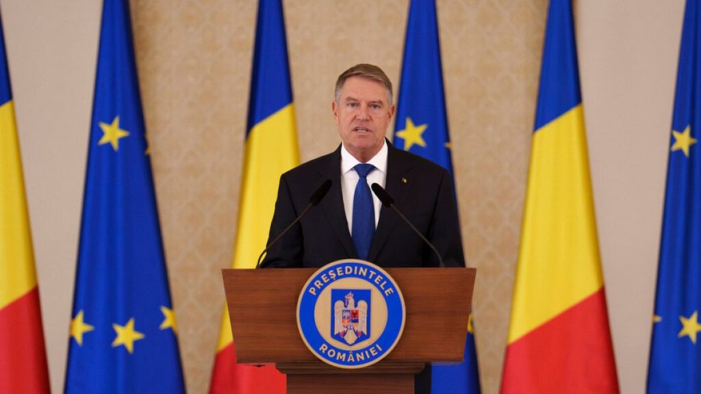 Romanian President Klaus Iohannis nominates Prime Minister designate Marcel Ciolacu, not pictured, to form the new government in Bucharest, Romania, Monday, Dec. 23, 2024.