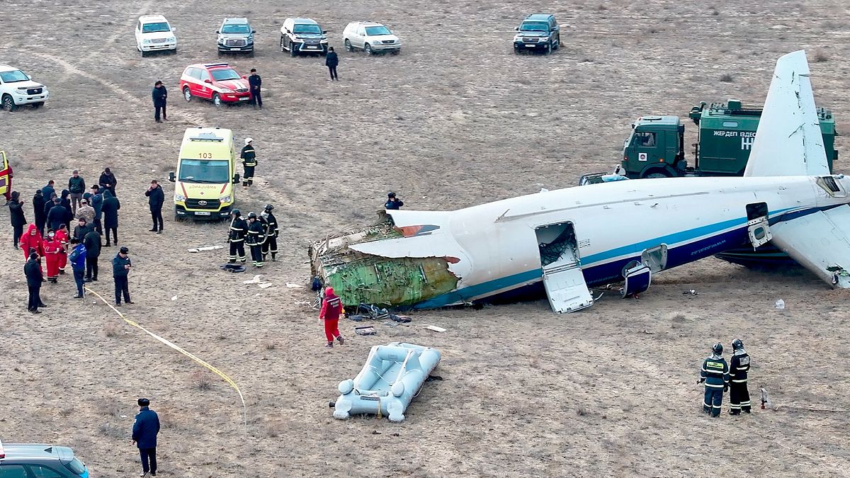 The wreckage of Azerbaijan Airlines Embraer 190 lays on the ground near the airport of Aktau, Kazakhstan, 25 December 2024