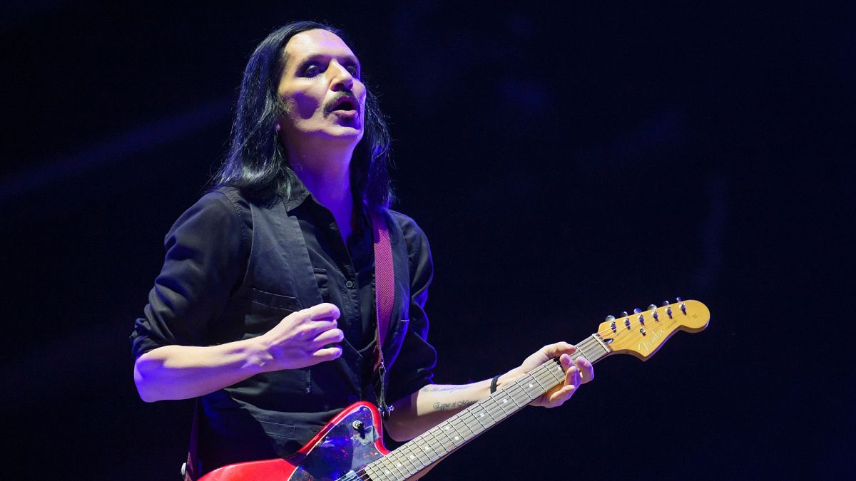 Brian Molko of alternative rock band Placebo performs on the main stage during the 46th edition of the Paleo Festival in Nyon, Switzerland, early Friday, July 21, 2023.