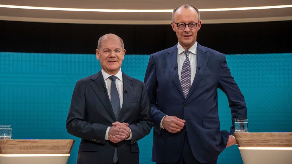 German Chancellor Olaf Scholz, left, and Friedrich Merz, CDU candidate for chancellor before a TV election debate in Berlin. 9 February 2025.