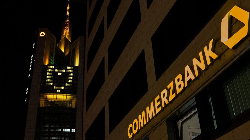 Commerzbank headquarters in Frankfurt, Germany, with a yellow lit heart for the campaign