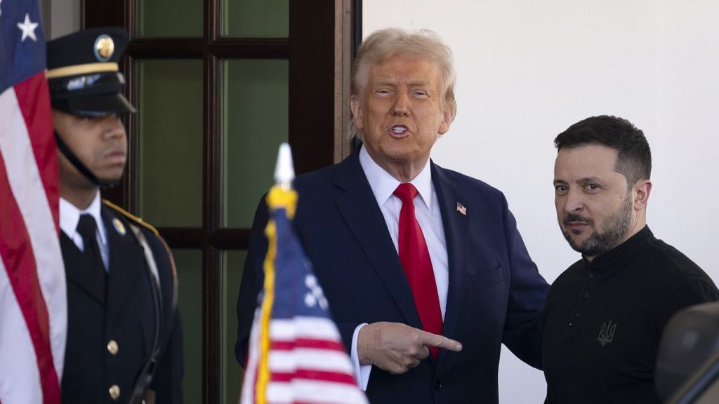 Ukraine President Volodymyr Zelenskyy is greeted by President Donald Trump as he arrives at the White House in Washington, 28 February 2025