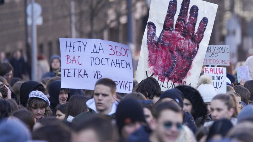protest to mark 100 days since the collapse of a concrete canopy at a train station which killed 15 people, in front of Ministry of Education in Belgrade, Serbia, Feb 11/2025.