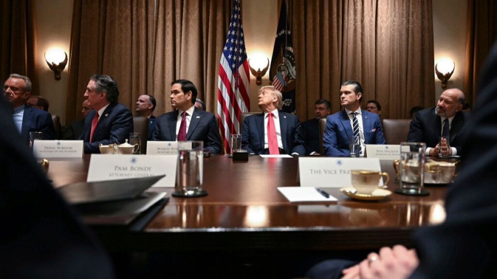 President Donald Trump holds his first Cabinet meeting at the White House in Washington, Wednesday, Feb. 26, 2025.