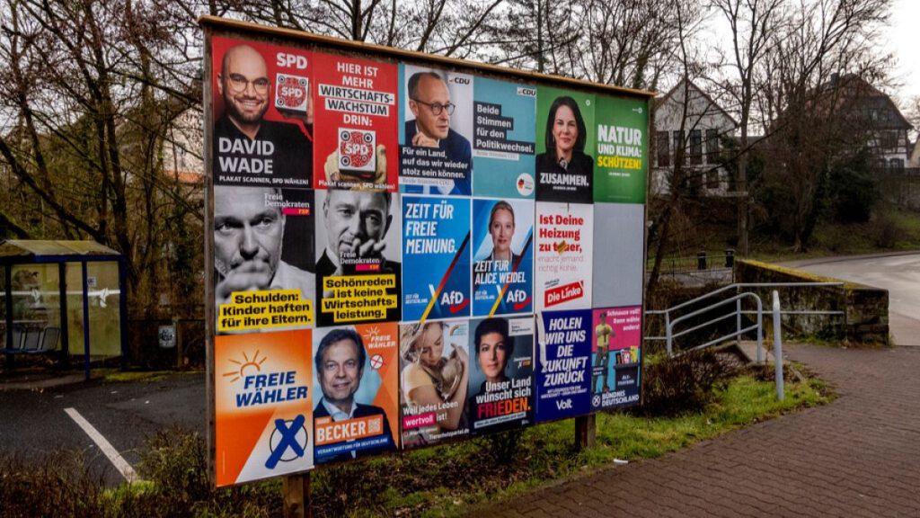 Election posters of various parties are pictured near Frankfurt, Germany, Friday, Feb. 21, 2025.
