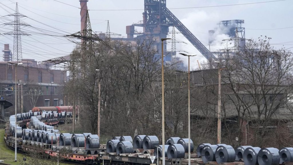 Steel on coil cars ahead of transport at the main factory of struggling steel producer thyssenkrupp in Duisburg, Germany, Tuesday, Feb. 4, 2025.