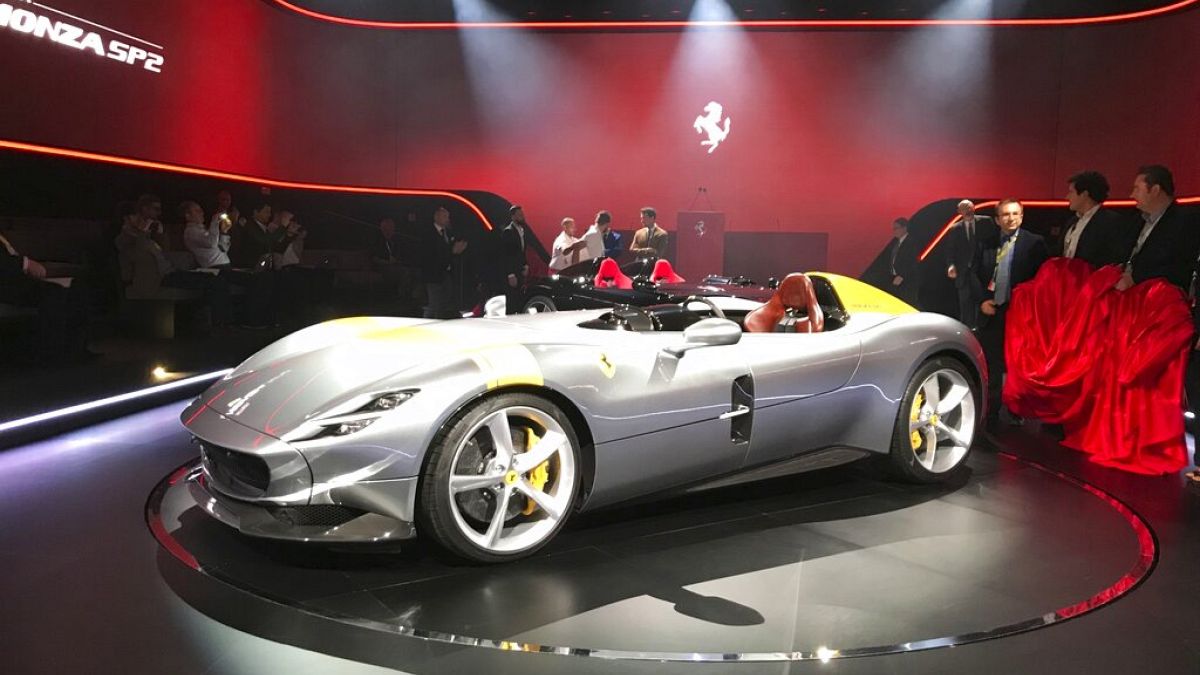 FILE - In this Sept. 18, 2018 file photo, the Ferrari Monza SP1 car is displayed in Maranello, Italy