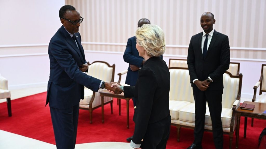 Rwandan President Paul Kagame, left, and European Commission President Ursula von der Leyen