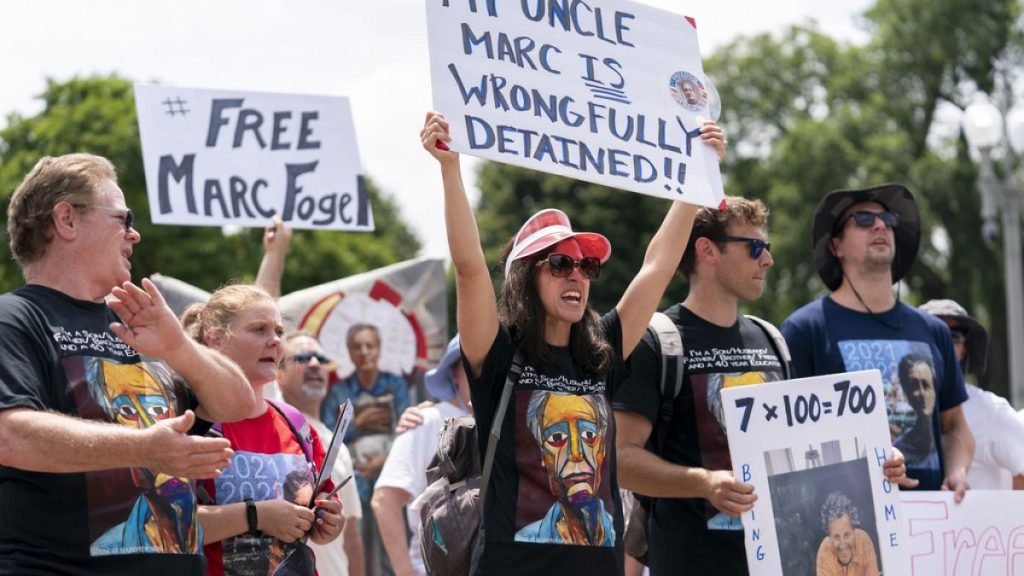 Ellen Keelan and other family members rally outside the White House for the release of Marc Fogel, who has been detained in Russia since August 2021, Saturday, July 15, 2023.