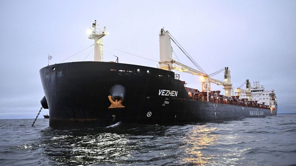 The cargo ship Vezhen is anchored outside Karlskrona, Sweden, Monday, 27 January, 2025, for examination by Swedish authorities.