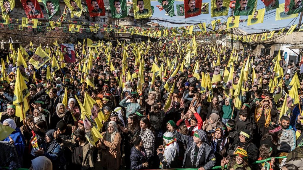 Demonstrators march to demand the release of Kurdish leader Abdullah Ocalan in Qamishli, northeastern Syria, Saturday 15 Feb, 2025.