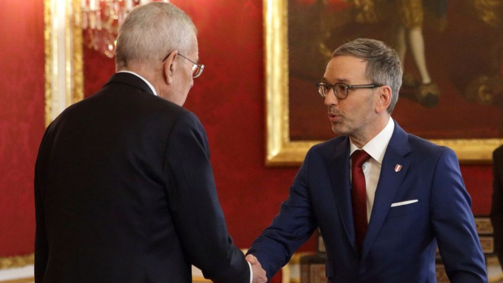Austrian President Alexander Van der Bellen, left, welcomes head of the Freedom Party (FPOe) Herbert Kickl in his office, in Vienna, Austria, Monday, Jan. 6, 2025.