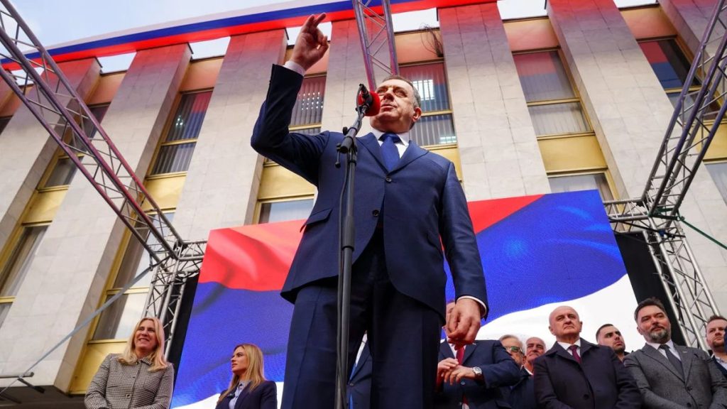 Bosnian RS entity President Milorad Dodik gives a speech at a support rally ahead of his sentencing at the Court of BiH, Banja Luka, 26 December 2025