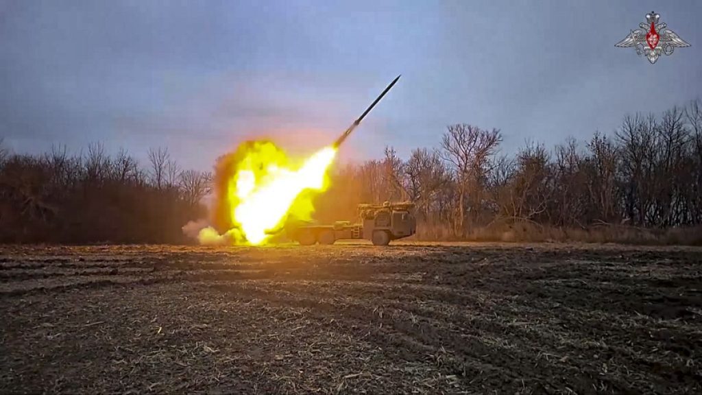 Russian self-propelled multiple rocket launcher is fired toward Ukrainian position at an undisclosed location in the Kursk region border area, Feb. 6 2025