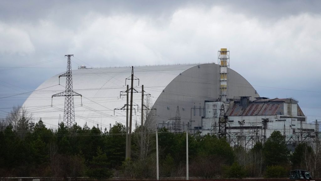A shelter above the sarcophagus covering the exploded reactor at the Chernobyl nuclear power plant, Ukraine, Saturday, Apr. 16, 2022.