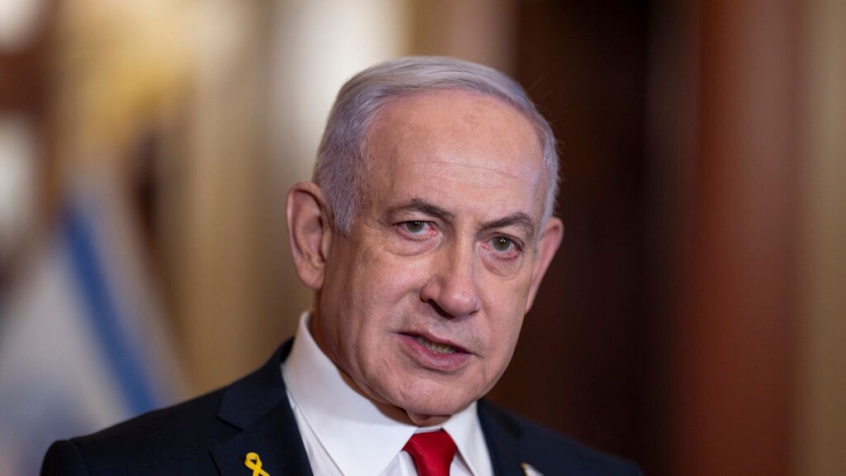 Israeli Prime Minister Benjamin Netanyahu speaks to reporters after meeting with Speaker of the House Mike Johnson, R-La., at the Capitol in Washington, Friday, Feb. 7, 2025.
