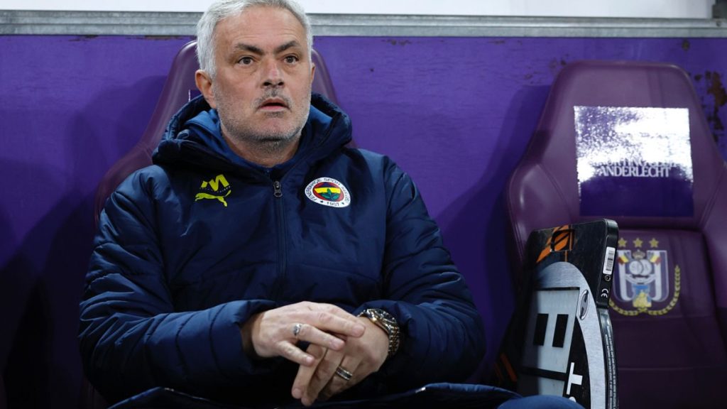 Fenerbahce coach Jose Mourinho during the Europa League playoff match between Anderlecht and Fenerbahce at the RSC Anderlecht stadium in Brussels, 20 February 2025.