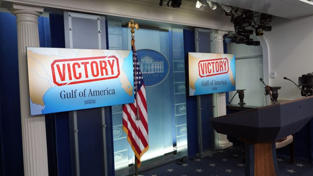 Monitors are seen behind the podium in the James Brady Press Briefing Room at the White House, Monday, Feb. 24, 2025, in Washington