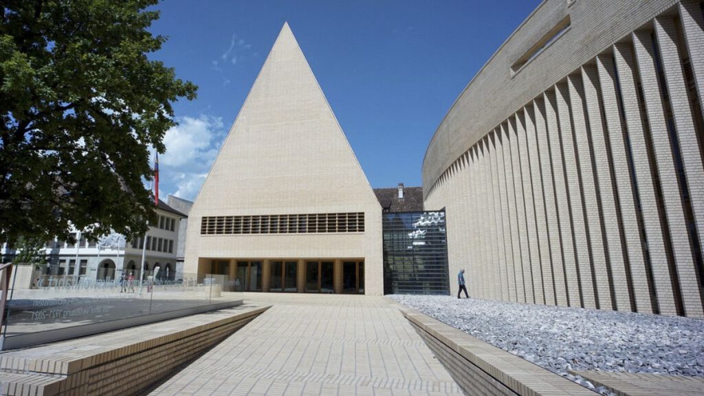 FILE: Exterior view of the Liechtenstein Landtag (State Parliament) in Vaduz, Switzerland, Friday, Aug. 18, 2023