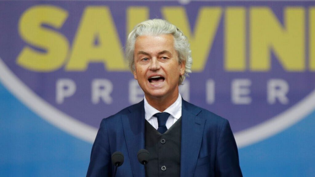 Geert Wilders, leader of Dutch Party for Freedom waves as he speaks during a rally organized by League leader Matteo Salvini, with leaders of European nationalist parties.