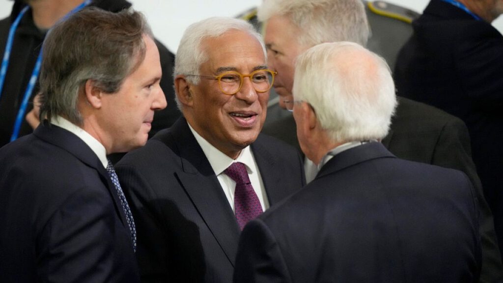 European Council President Antonio Costa, center, arrives for a panel discussion during the Munich Security Conference in Munich, Germany, Saturday, Feb. 15, 2025.