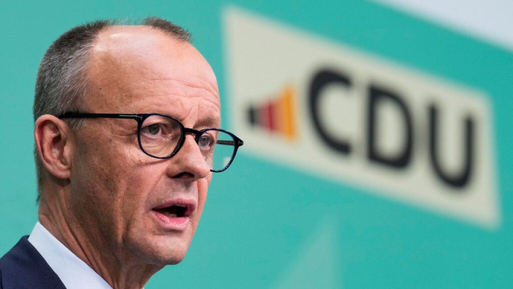 Friedrich Merz, leader of the Christian Democratic Union (CDU), speaks during a news conference at the headquarters of Christian Democratic Union (CDU) party in Berlin.
