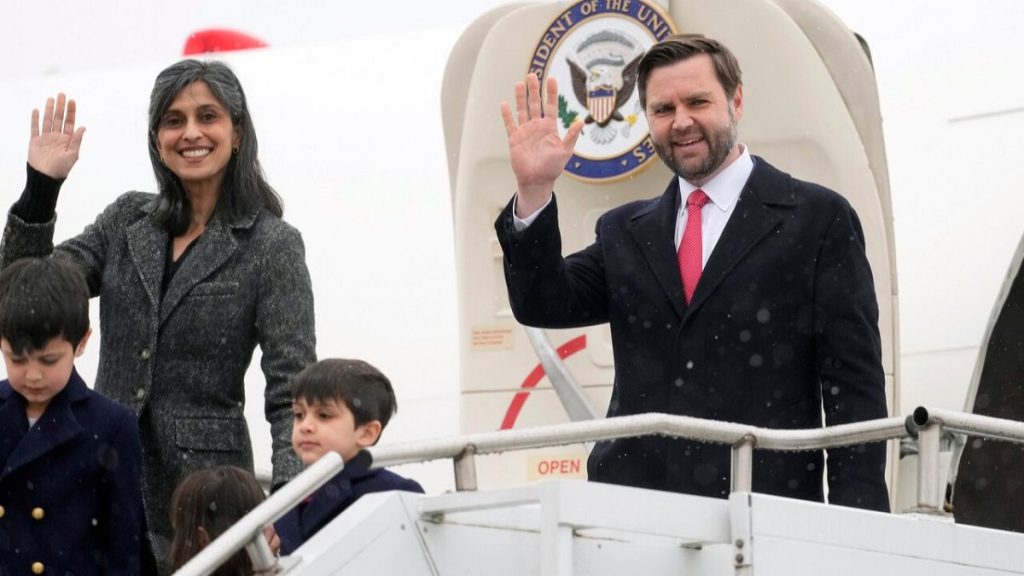 U.S. Vice President JD Vance and second lady Usha Vance, with their children Ewan, Vivek, and Mirabel, wave as they arrive at the Munich airport, in Germany, Feb 13, 2025.