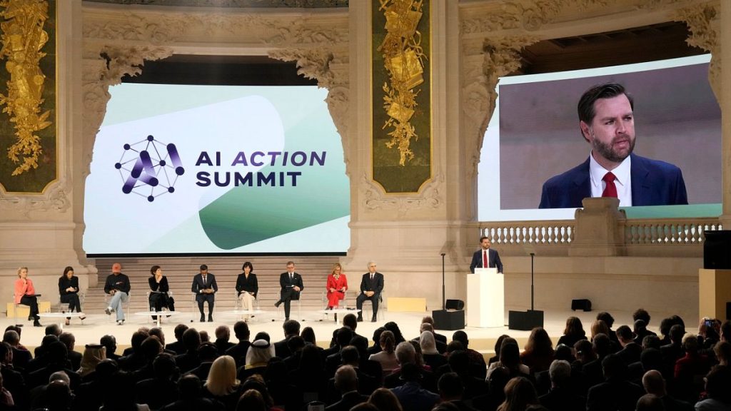 US Vice President JD Vance addresses the audience at the Grand Palais during the Artificial Intelligence Action Summit in Paris, Tuesday, Feb. 11, 2025.