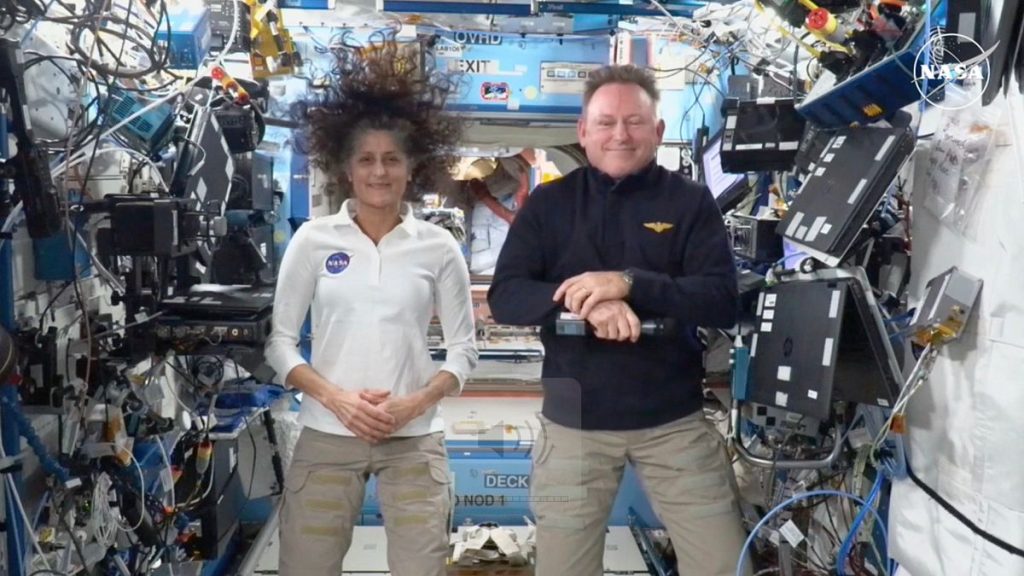 This image from a NASA live stream of astronauts Suni Williams and Butch Wilmore during a press conference from the International Space Station in Sept. 2024