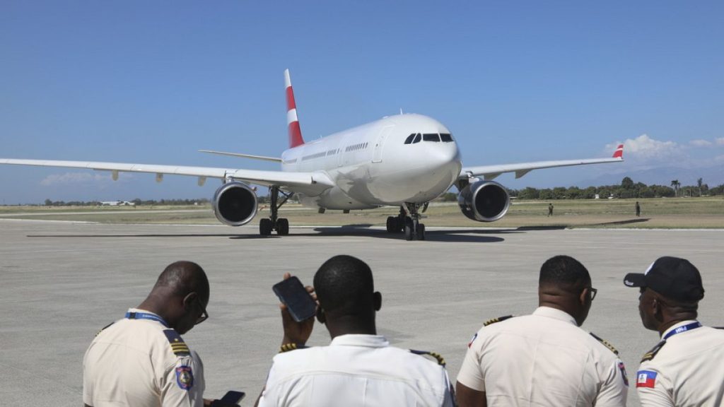 A plane transporting police officers from El Salvador, part of a UN-backed multinational force, lands at Toussaint Louverture Airport in Port-au-Prince, Haiti, Feb. 4, 2025.