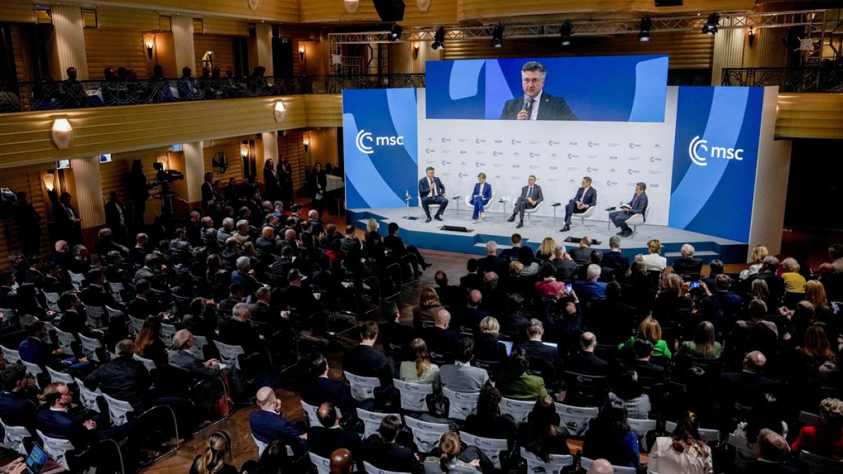 Heads of state from various European nations speak as part of a panel discussion during the Munich Security Conference at the Bayerischer Hof Hotel in Munich, Germany, Sunday,