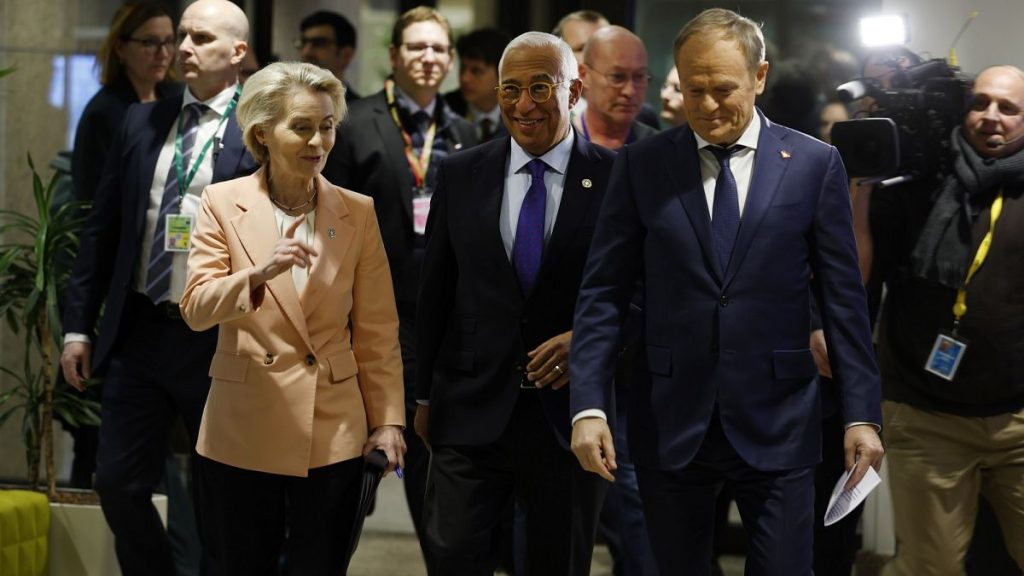 European Commission President Ursula von der Leyen, left, Council President Antonio Costa, center, and Polish Prime Minister Donald Tusk at the European Council, Feb. 3, 2025