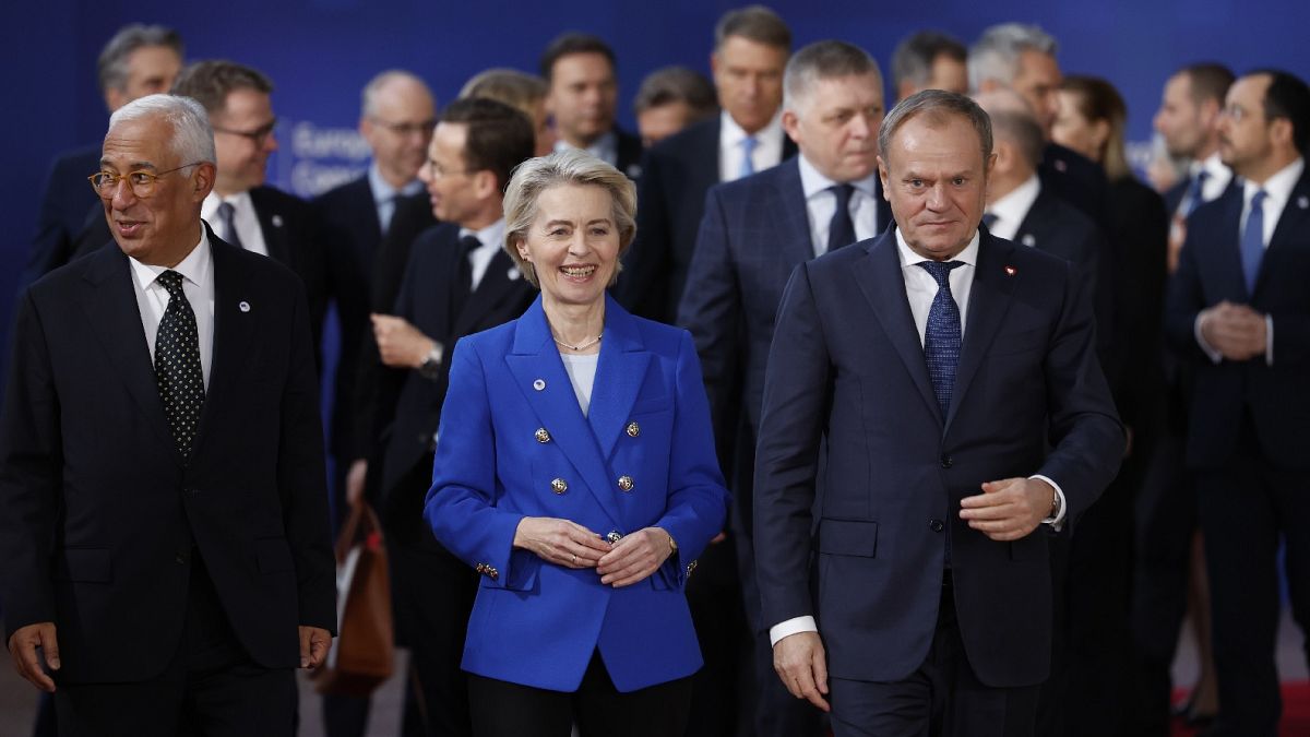 European Council President Antonio Costa, European Commission President Ursula von der Leyen and Poland