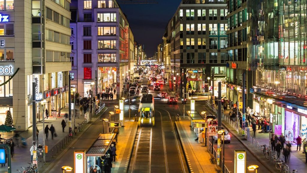Aerial view of Friedrichstrasse, a major shopping street in central Berlin, Germany.