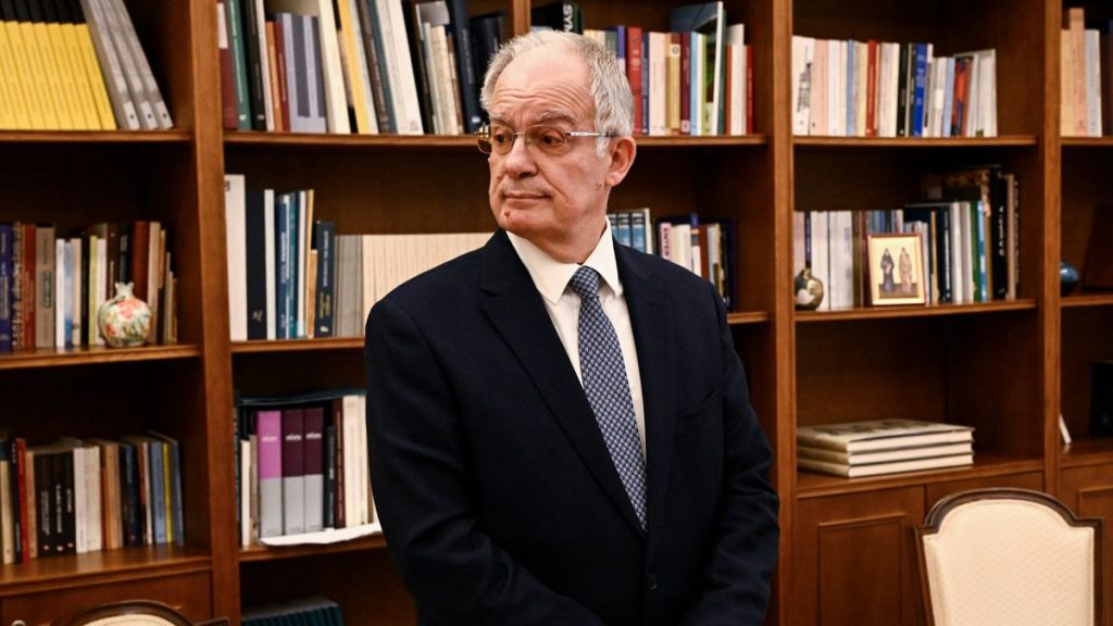 Newly elected President Constantine Tassoulas waits to receive the results of the fourth round of voting at the parliament in Athens, 12 February 2025