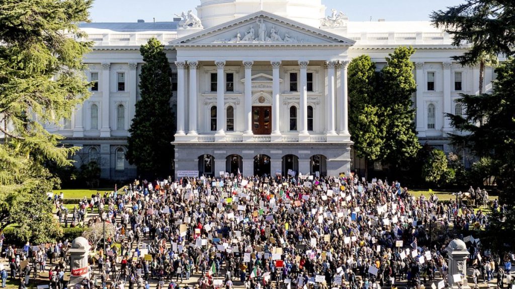 Several hundred demonstrators rally against President Donald Trump outside the California State Capitol on Wednesday, Feb. 5, 2025, in Sacramento, Calif.