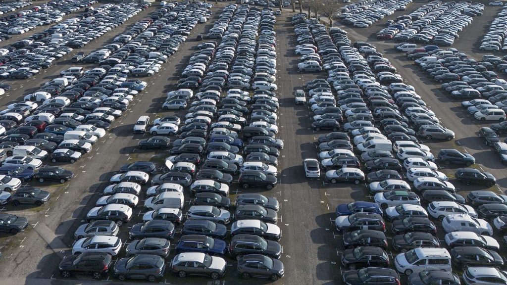 New German cars stored at a logistic centre in Essen, Germany - despite the tariffs plan, European car stocks are doing well