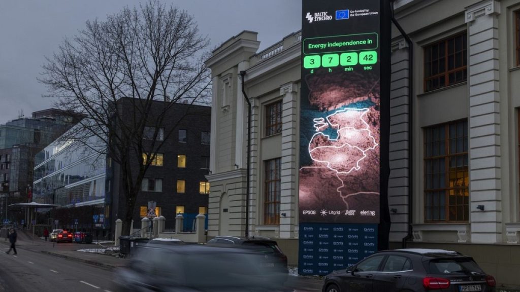 Screen indicates that on February 8 the Baltic States will disconnect from the Russian electricity grid in Vilnius, Lithuania, Tuesday, Feb. 4, 2025.