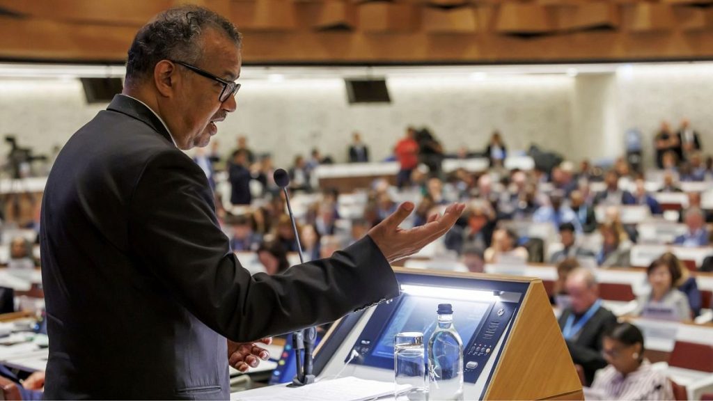 WHO chief Tedros Adhanom Ghebreyesus speaks World Health Assembly in Geneva in May 2024.
