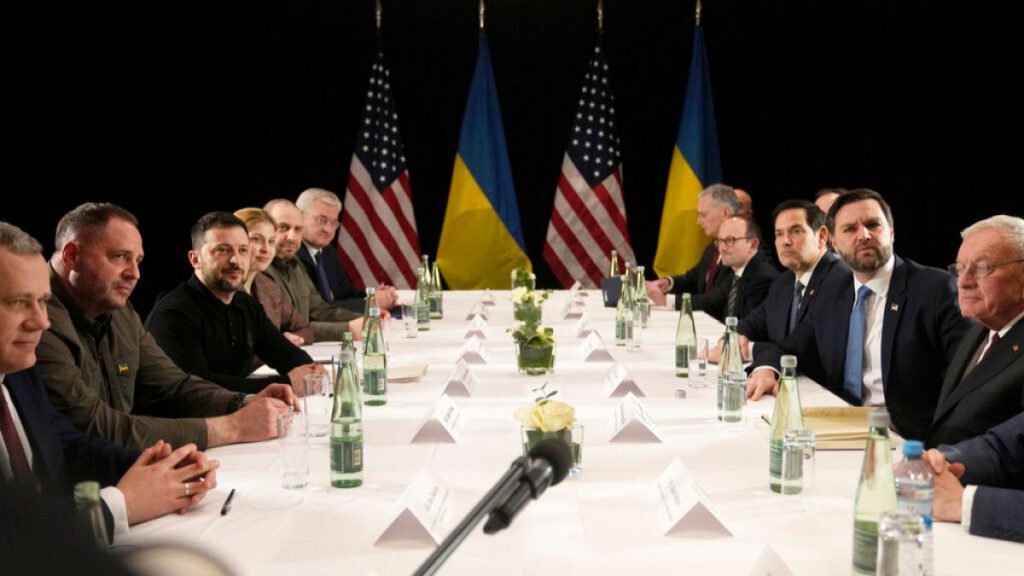 US and Ukrainian officials during a bilateral meeting on the sidelines of the Munich Security Conference in Munich, Germany, Friday, Feb. 14, 2025.