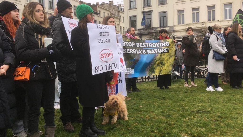 A protest near the European Parliament against a controversial lithium mining project in Serbia, 5 February 2025